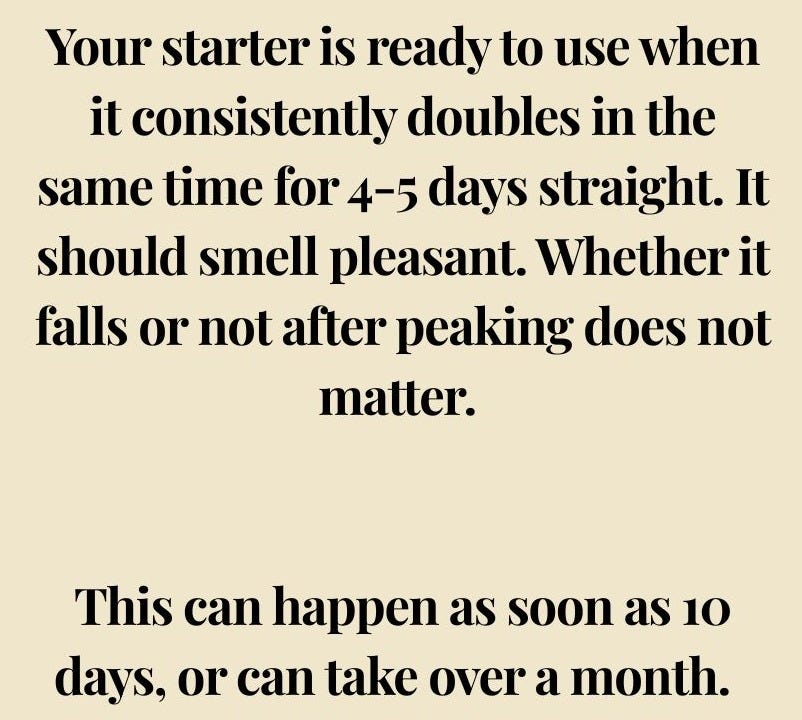 Your starter is ready to use when it consistently doubles in the same time for 4-5 days straight. It should smell pleasant; whether it falls after peaking does not matter. This can happen as soon as 10 days, or can take over a month.