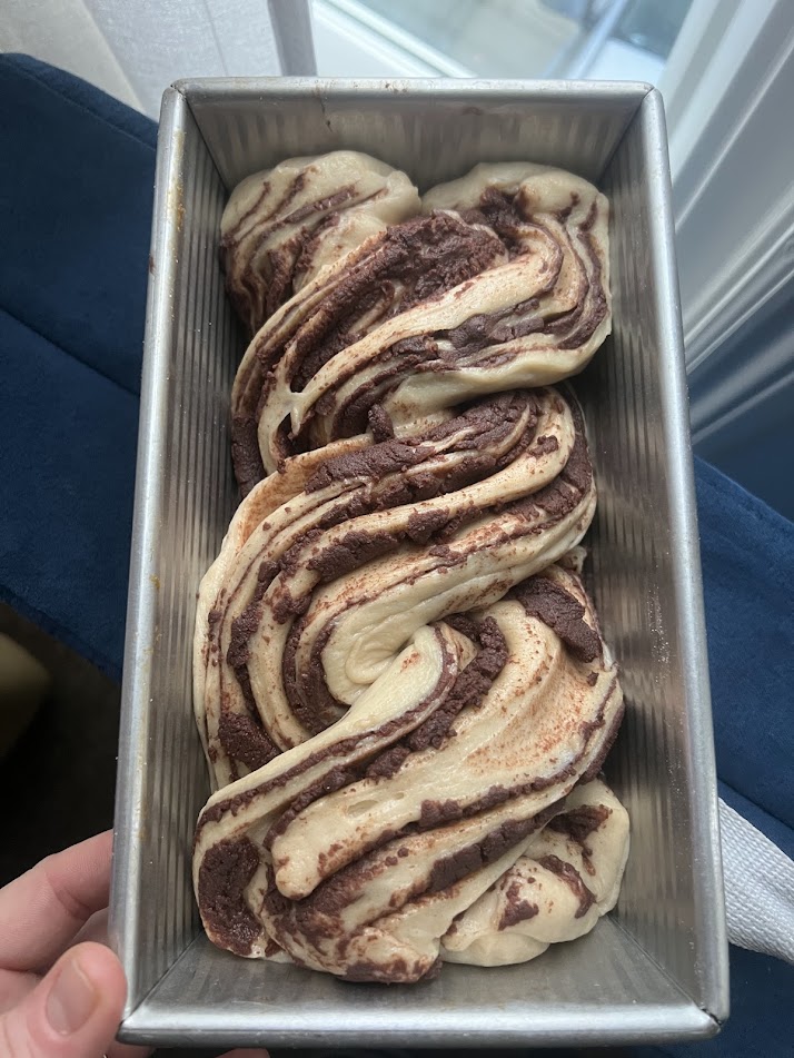 Twisted babka in loaf pan before baking