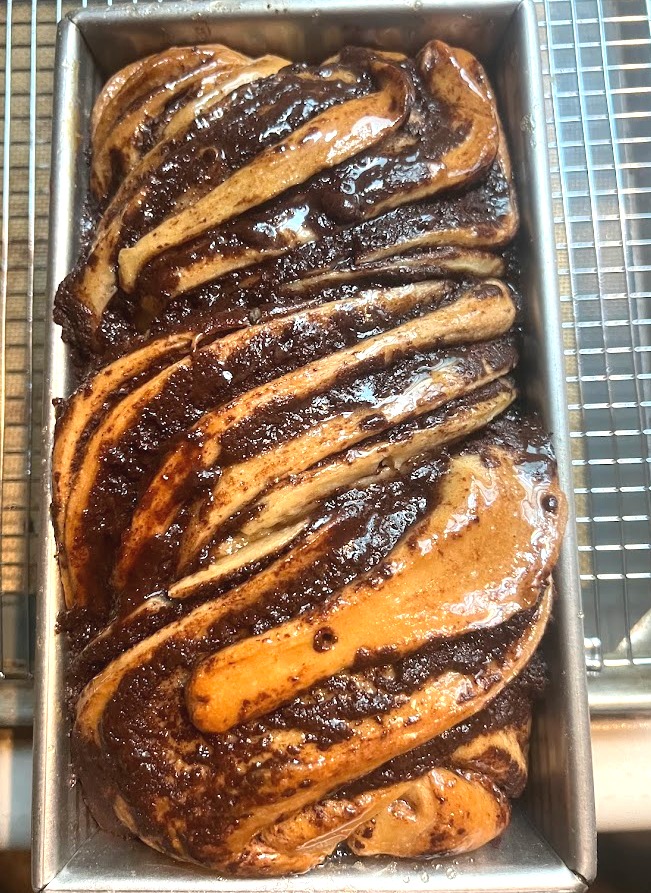 Chocolate babka loaf with swirled chocolate layers