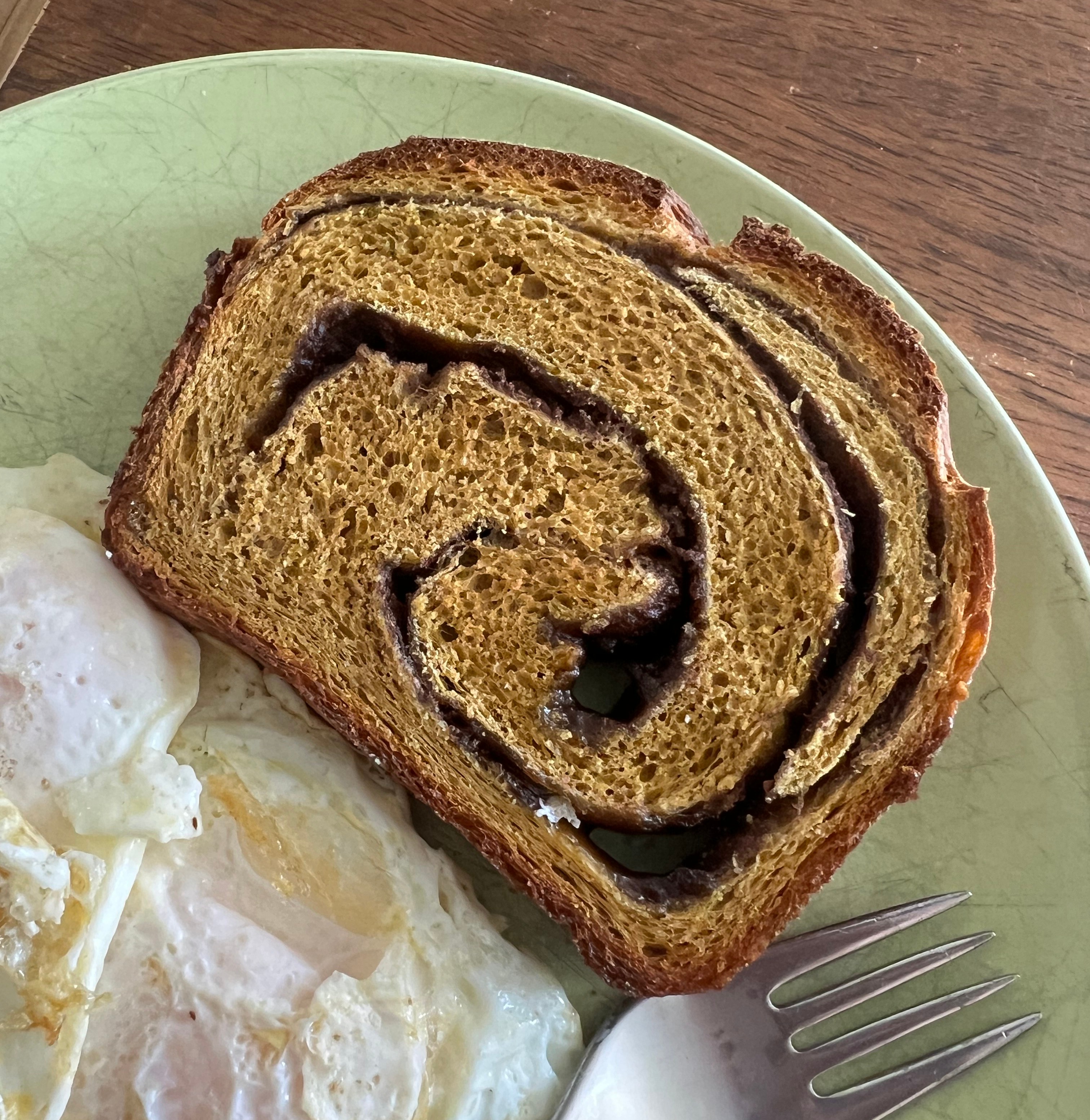 Cinnamon swirl pumpkin spice bread cross-section